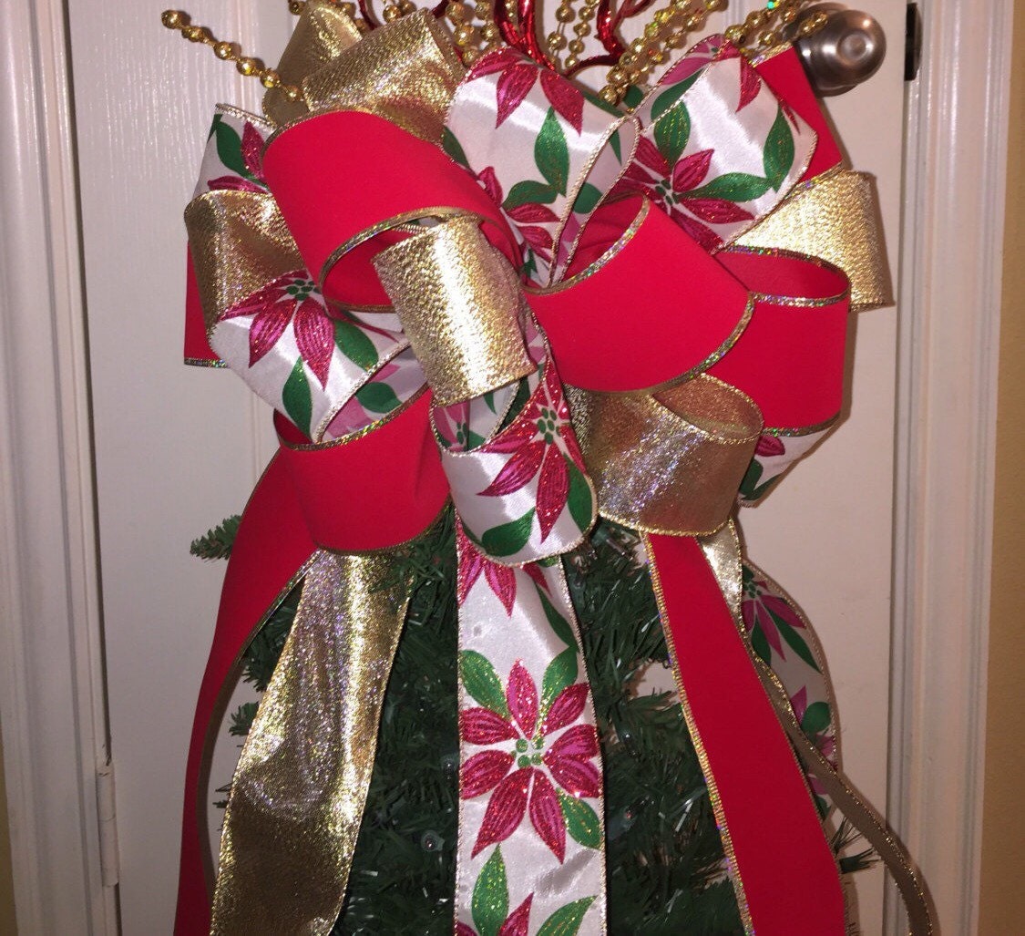 Christmas Tree Bow Topper Large Gold Red & Poinsettia Etsy
