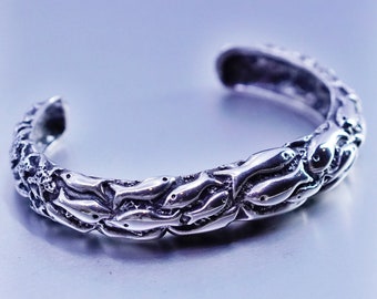 6.5”, Vintage Dian Malouf DLM Sterling 925 silver handmade bracelet, fish starfish cuff, stamped DLM