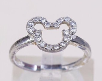 Anillo vintage de plata de ley con Mickey Mouse y circonitas cúbicas, talla 5
