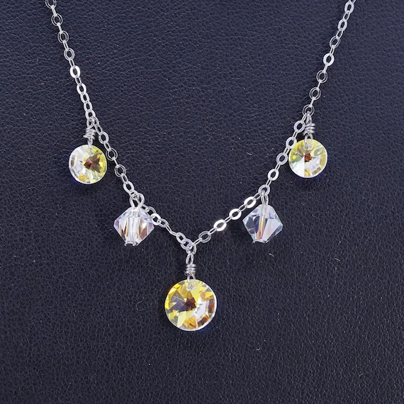 Vintage Sterling Silver Necklace, Flattened Circle Chain, AB Crystal Charms