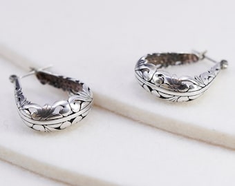0.75”, vintage Jezlaine Sterling silver filigree hoop earrings, 925 huggie