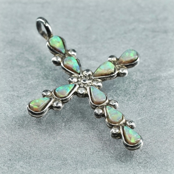 vintage Native American zuni sterling 925 silver cross pendant with opal inlay, silver tested