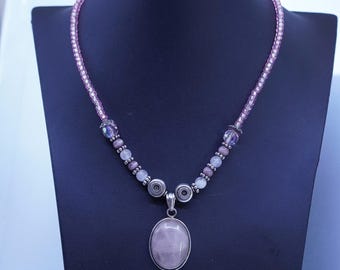 Collar alargado de 16”, hecho a mano en plata esterlina 925 con colgante de cuarzo rosa rosa
