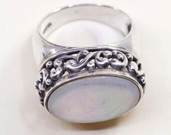 Sz 8, Vtg Southwestern Sterling Silver Handmade Ring, 925 Bali Band W/ White MOP