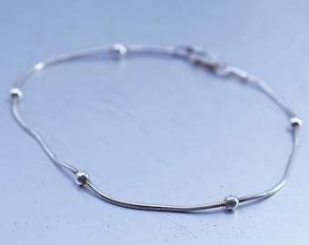 7”, 1mm, Sterling 925 silver handmade bracelet, snake chain with beads, stamped 925 Italy