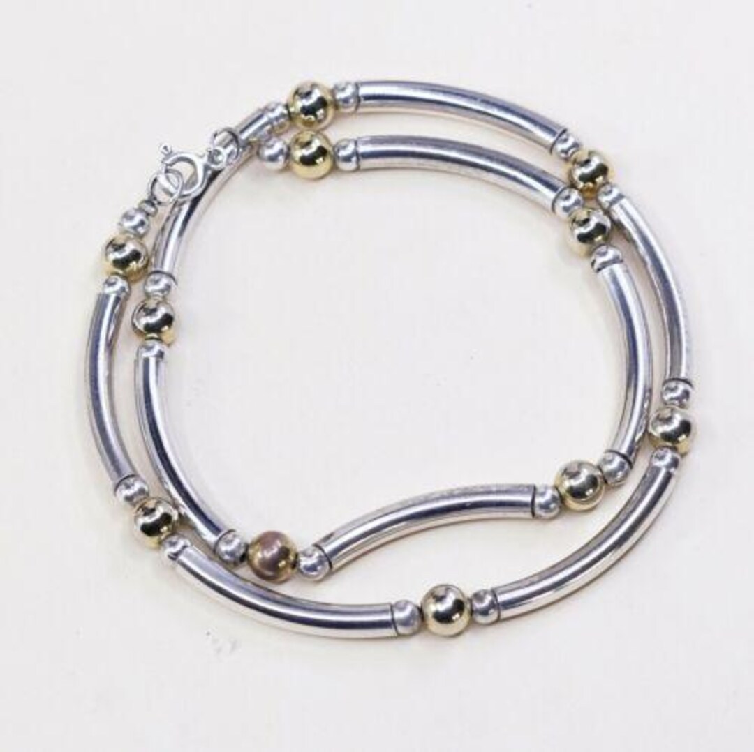 17”, 4mm, Vtg Two Tone 925 Sterling Silver Bone DNA Necklace
