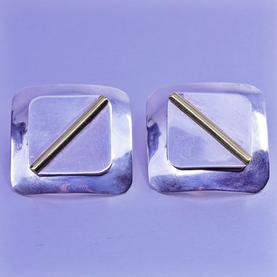 Vintage two tone Sterling 925 silver handmade earrings, square studs