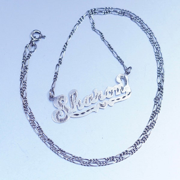 22”, vintage Sterling 925 silver handmade figaro chain necklace with name monogram “Shannon” pendant, stamped 925