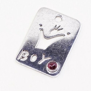 Peut inclure: Pendentif rectangulaire argenté avec le mot "Boy" et un motif de couronne. Une petite pierre précieuse rouge et ronde est sertie en bas. Le pendentif a un trou en haut pour une chaîne.