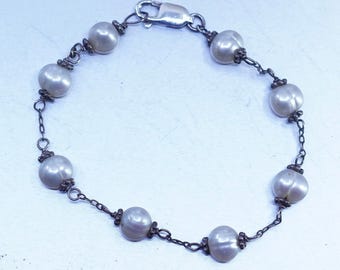 7.25”, Vintage Sterling Silver 925 Handmade Freshwater Pearl Bar