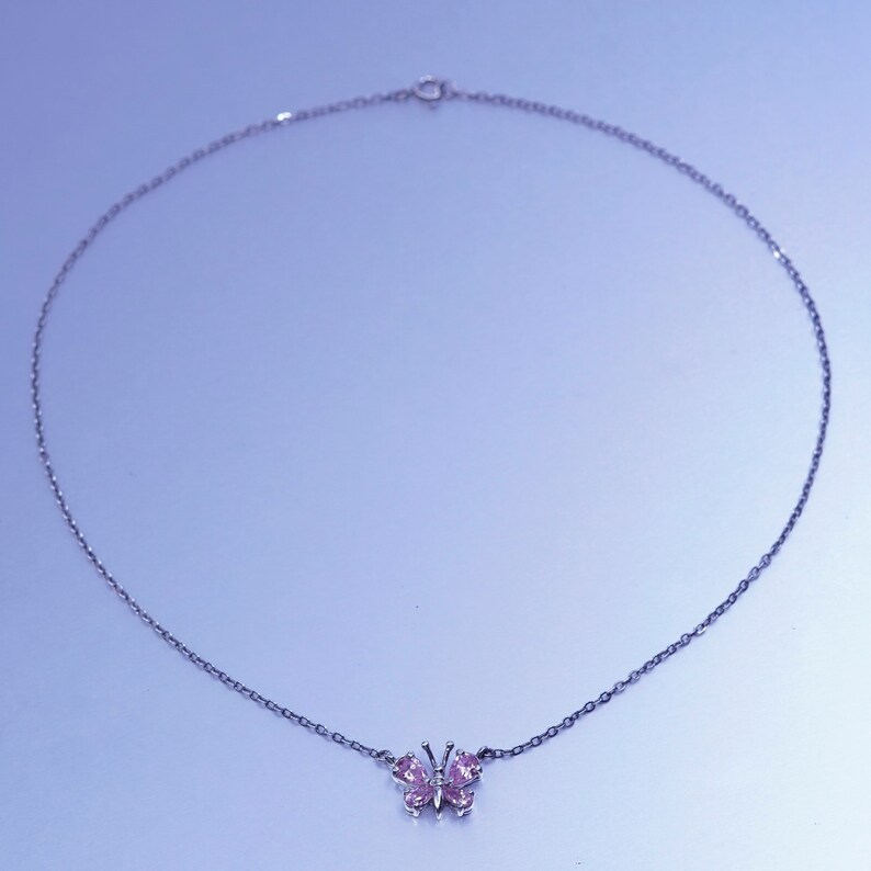 vintage Sterling 925 silver handmade flatten circle necklace with butterfly pendant and pink Cz stamped 925 16\u201d