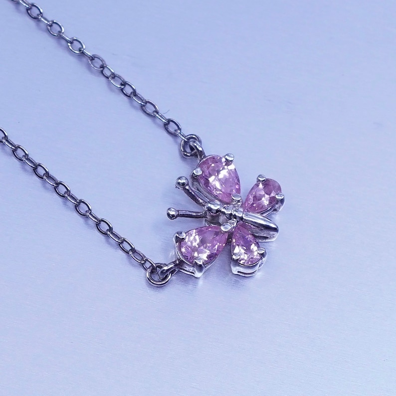 vintage Sterling 925 silver handmade flatten circle necklace with butterfly pendant and pink Cz stamped 925 16\u201d