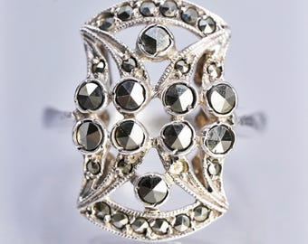 Taglia 7, Anello vintage in argento sterling fatto a mano, fascia in filigrana d'argento 925 con marcasite a grappolo, punzonato 925