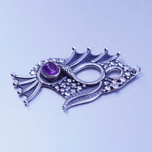 Antique sterling 925 silver handmade charm shops fish pendant with snake and amethyst, stamped 925
