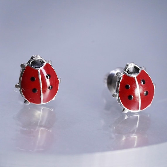 Vintage Sterling 925 silver enamel ladybug earrings, studs, stamped 925