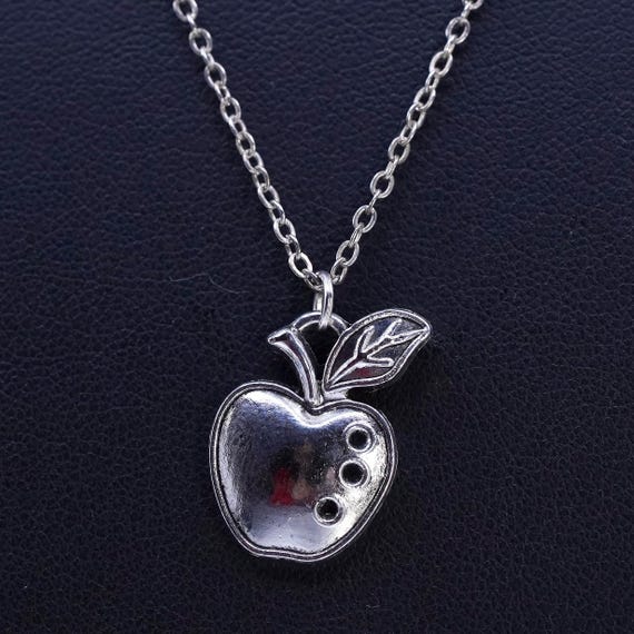 Vintage Sterling Silver Apple Pendant Necklace, Flattened Circle Chain