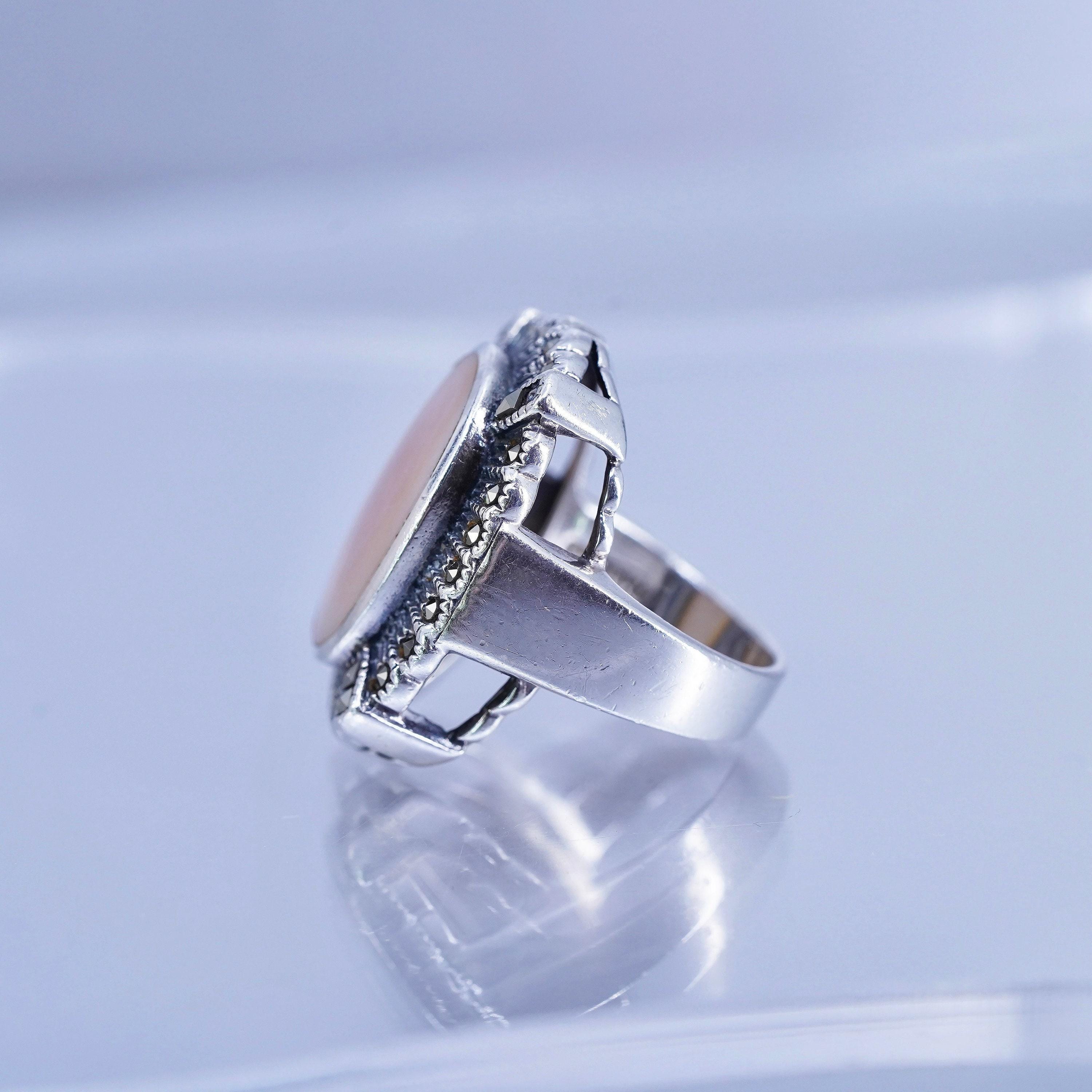 Size 7, Vintage Sterling 925 Silver Handmade Ring W/ Mother of