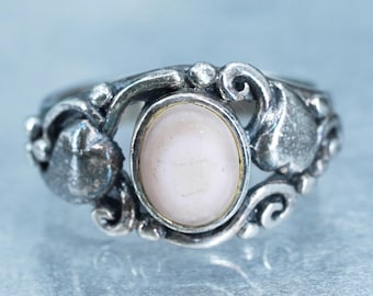 Talla 7, Anillo vintage de plata de ley 925 con nácar rosa y corazones