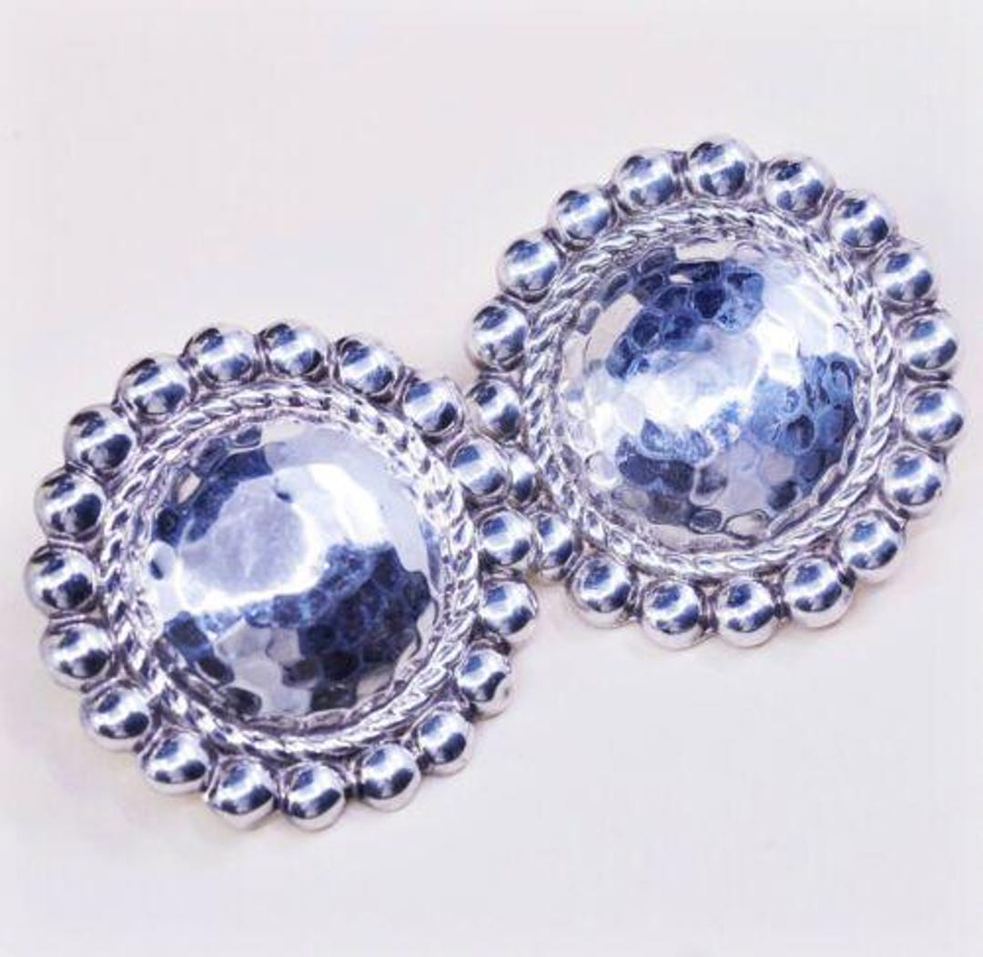 Fas Silver VINTAGE Fas Sterling Silver 925 Hammered Round Huge Studs EARRINGS W ...