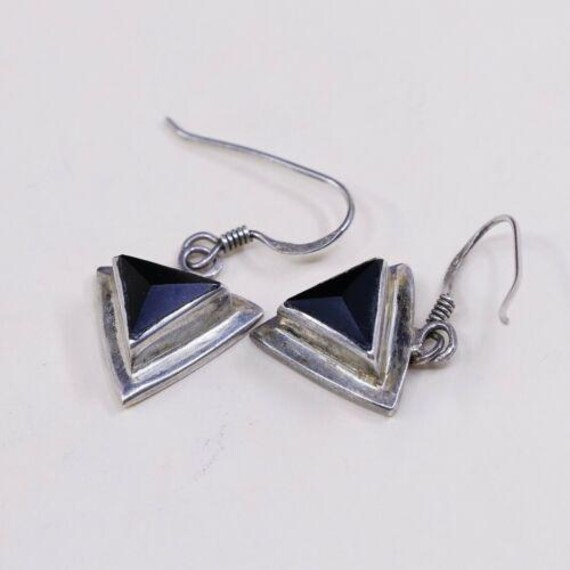 Handmade Sterling Silver Triangular Obsidian Dangle Earrings