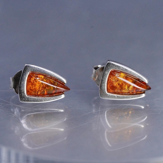Vintage Sterling 925 silver handmade earrings, amber studs, stamped 925
