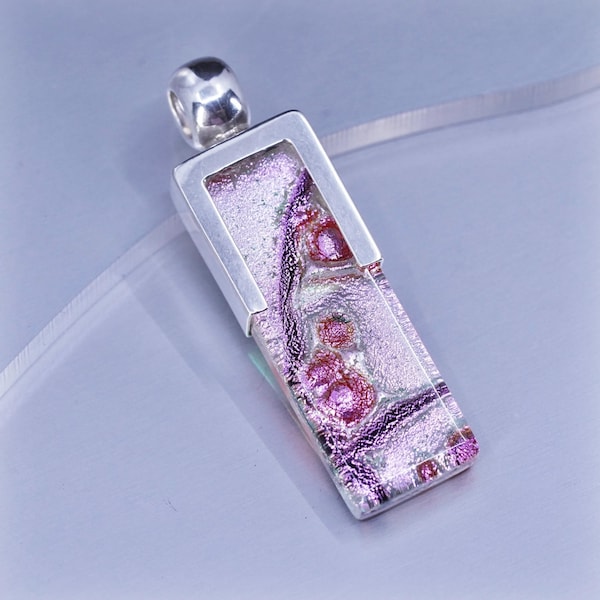 vintage sterling 925 Signed RG pink floral Dichroic glass Pendant