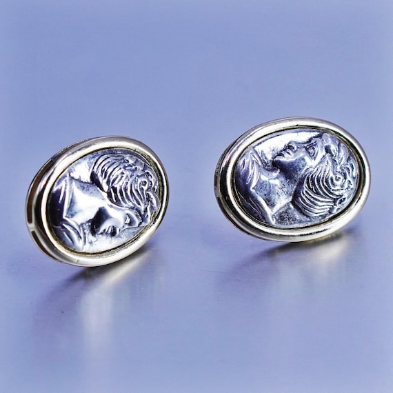 Vintage two tone Sterling 925 silver handmade earrings, lady Portrait studs