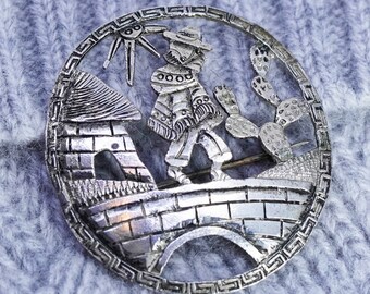 Vintage sterling silver handmade brooch, 925 traditional Mexican costume man with cactus, silver tested