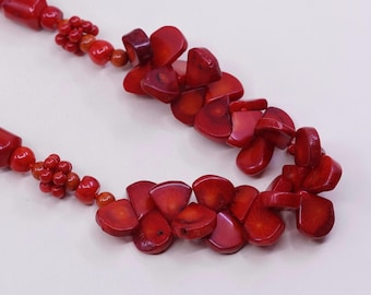 22”, native america heishi necklace, Chunky Red Coral chain sterling 925 silver