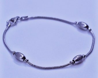 7.25”, 1mm, Sterling 925 silver handmade bracelet, snake chain with beads, stamped 925 Italy