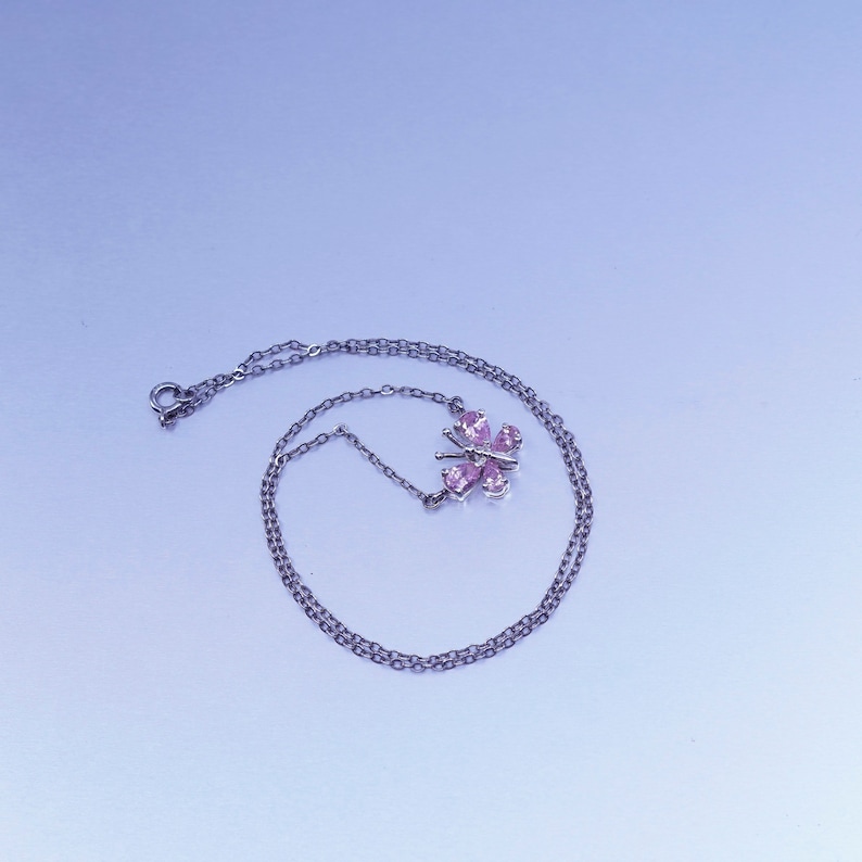 vintage Sterling 925 silver handmade flatten circle necklace with butterfly pendant and pink Cz stamped 925 16\u201d