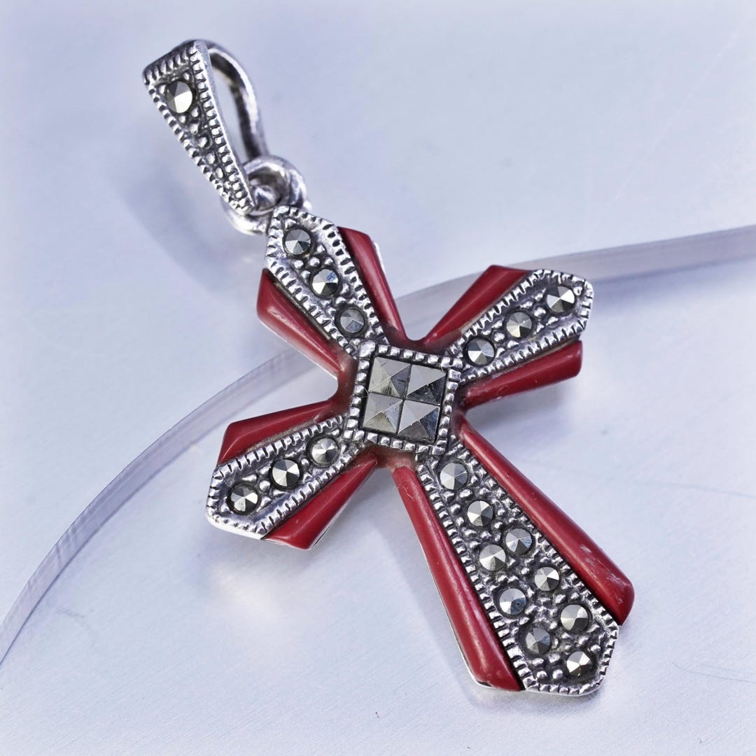 Vintage Sterling 925 Silver Cross Pendant With Marcasite and Coral - Etsy