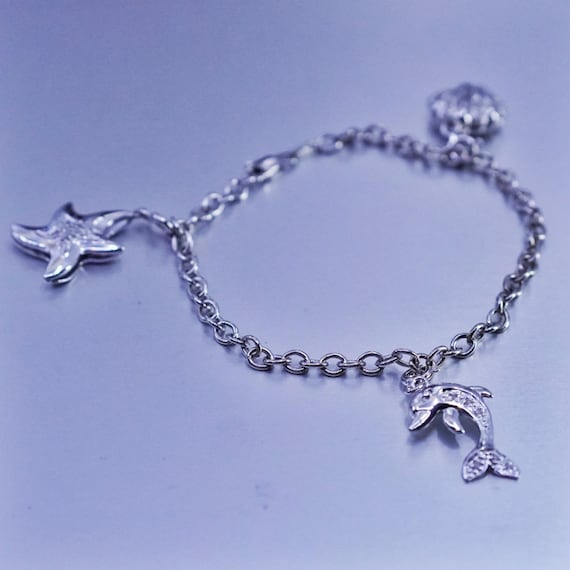 7”, Sterling 925 silver bracelet, circle chain starfish shell dolphin charms