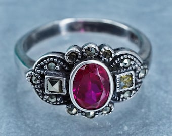 Size 9.5, Sterling 925 silver handmade statement ring with ruby and marcasite