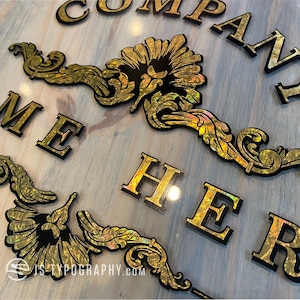 Gold leaf decals, Gold leaf lettering, Gold leaf window decals, Gold leaf store window signs, Gold window signs, Gold leaf signs, Decals