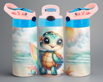 Cute Turtle, Kids 12 oz Flip Top Tumbler Wrap, Kids Water Bottle, Sublimation Design, PNG file, Digital Download