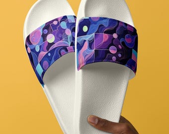 Purple Pop Art Geometric Men's Slides, Bold Graphic Sandals, Summer Slip-On Shoes, Trendy Men's Fashion Slides, Unique Colorful Footwear