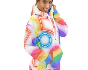 Sudadera unisex reciclada con estampado de arcoíris neón, sudadera ecológica de arcoíris brillante, sudadera urbana colorida y unisex, prenda cómoda y vibrante.