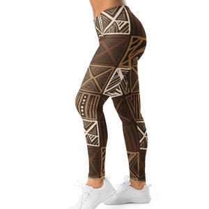 Brown geometric leggings, square pattern yoga pants, aesthetic activewear, boho workout leggings, soft stretch fashion tights, brown legging
