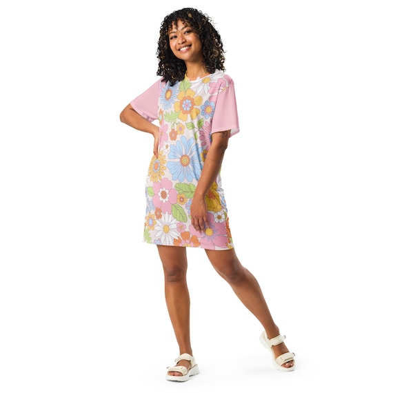 pastel dress casual Pink Floral T-shirt Dress, Soft Boho Flower Print Dress, Summer Tee Dress, Oversized Lounge Dress, Cute Gift, Spring Outfit Size:US 11.5 / EU 44 Once Loved semi formal pastel color dress realajapplegate / AJ Applegate or any occasion calling