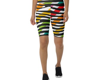 Biker Shorts, Rainbow stripe biker shorts, black zebra print shorts, high waisted shorts, colorful workout biker shorts, summer activewear