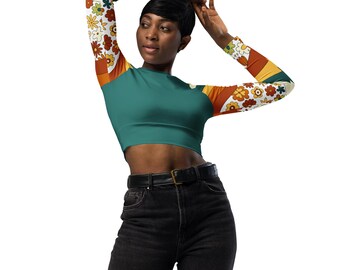 Langarm Crop Top, Retro Floral Crop Top, Vintage Blumen Langarm Shirt, 70er Jahre Boho Crop Tee, Y2K Blumen Top, Hippie Ästhetischer Top