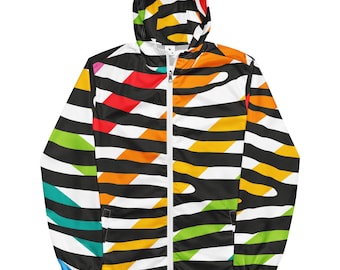 May include: A hooded windbreaker jacket with a striking, abstract design. The pattern includes black horizontal stripes with segments of red, orange, yellow, green, and blue. The jacket has a white zip and a hood.