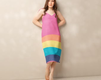 Vestido midi con tirantes anudados, vestido midi con tirantes anudados arcoíris pastel, vestido bohemio fluido de verano, vestido de verano colorido, vestido midi arcoíris suave, atuendo de vacaciones