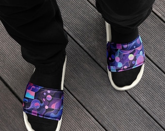 Purple Pop Art Geometric Men's Slides, Bold Graphic Sandals, Summer Slip-On Shoes, Trendy Men's Fashion Slides, Unique Colorful Footwear