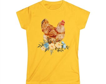 Watercolor Chicken T-Shirt, Floral Hen Farmhouse Tee, Country Chicken Lover Shirt, Cottagecore Farm Animal Graphic Tee, Multiple Colors