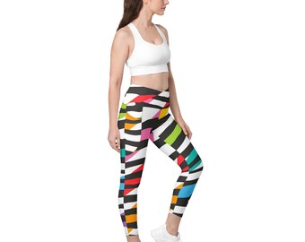 Leggings con rayas de arcoíris, leggings con estampado de cebra negro, leggings con cinturilla cruzada, pantalones de yoga de cintura alta, leggings deportivos para mujer con bolsillos