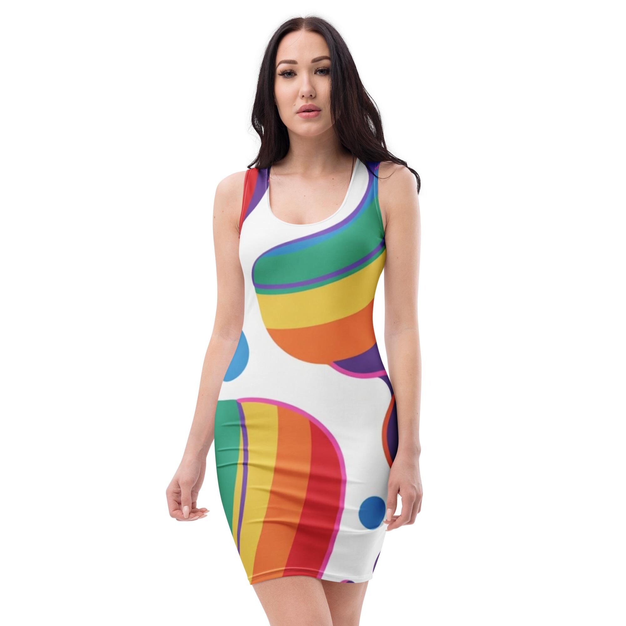 Rainbow Bodycon Dress, Colorful Multicolor Party Dress, Festival Pride Outfit, Vibrant Tight Summer Dress, Rave Y2K Rainbow Clothing
