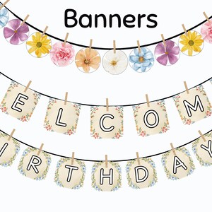 May include: A decorative banner set with the word "Banners" at the top. The banner includes floral circles and three lines of text that read "WELCOME BIRTHDAYS". The letters are outlined in black and the background is beige.