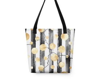 Distressed Tote Bag, Black White Stripe Gold Like Dot Bag, Abstract Rustic Print Tote, Modern Watercolor Shoulder Bag, Everyday Canvas Tote